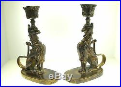 19th C. Pair Of Bronze Candle Sticks With Exotic Gryphons 6 1/2 Very Nice
