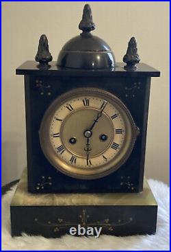 19thC Antique FRENCH VICTORIAN OLD GOTHIC MARBLE SLATE MANTEL CLOCK -VERY NICE
