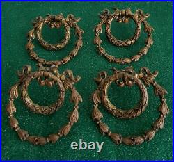 4 Large 3 1/2 Very Nice Antique Fancy Cast Brass Ring Pulls Drawer Pull (n51)