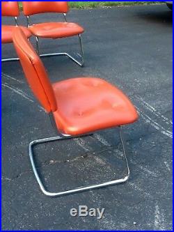 5 Vintage Steelcase Mid Century Modern Chairs -Orange Vinyl & Chrome Very Nice