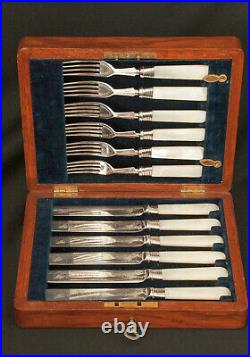 A Very Nice 12-piece Mother of Pearl Boxed Silverplate Fruit Or Dessert Set
