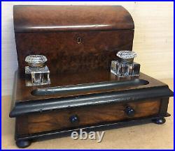 A Very Nice 19th Victorian Antique Burr Walnut Stationary Box Desk Stand