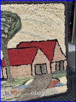 A Very Nice Antique American Folk Art Hooked Rug With A Farm Scene Circa 1930's