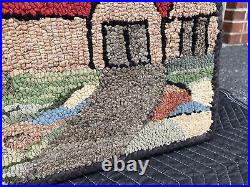 A Very Nice Antique American Folk Art Hooked Rug With A Farm Scene Circa 1930's