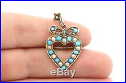 A Very Nice Antique Edwardian 9ct Yellow Gold Turquoise Pearl Heart Pendant
