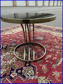 A Very Nice Pair of Post Modern Brass and Black Glass Round Side Tables, 1980's