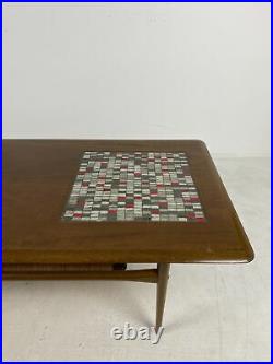 A Very Nice Vintage Mid Century Modern Walnut & Tile Coffee Table WithRattan Shelf