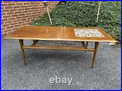 A Very Nice Vintage Mid Century Modern Walnut & Tile Coffee Table WithRattan Shelf