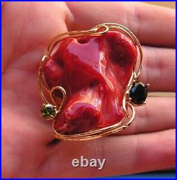 ANTIQUE STYLE SILVER 925 YELLOW GOLD CORAL RED RING VERY NICE HEART Size 7