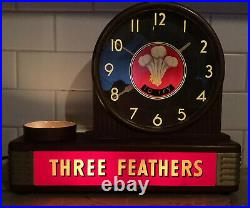 ANTIQUE THREE FEATHERS Bar Back Whiskey Bottle Display CLOCK, Very Nice, All ORG