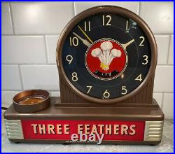 ANTIQUE THREE FEATHERS Bar Back Whiskey Bottle Display CLOCK, Very Nice, All ORG