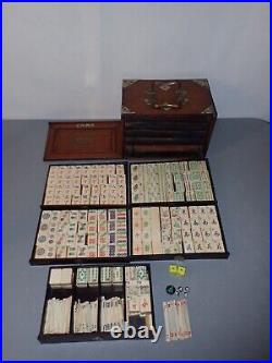 Antique 144 Piece Mahjong Set, Mahogany Case, Bamboo & Cowbone Tiles, Very Nice