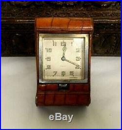Antique 8 Day Crocodile Leather Travel Clock Very Nice Condition