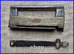 Antique Chinese Lock And Key Inlaid and Engraved Sections Very Nice Large