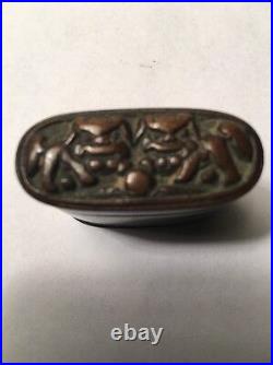 Antique Chinese Opium Box Of Copper Bronze Fu Dogs Foo Lions Signed Very Nice