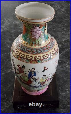 Antique Chinese Vase Signed Fired Ceramic- Carved Stand Included -Very Nice