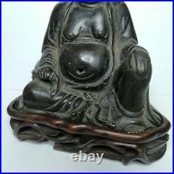 Antique Chinese bronze Happy Buddha, Dynasty Ming. Very nice wooden base