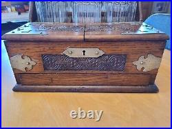 Antique English Victorian Oak Tantalus with Crystal Decanters Very nice with drawer