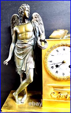 Antique French Bronze Mantel Clock, With Bronze Of Man With Wings-very Nice Cloc