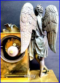 Antique French Bronze Mantel Clock, With Bronze Of Man With Wings-very Nice Cloc