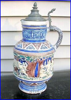 Antique German Large Size Beer Stein/pitcher 14 Tall Very Nice Condition -b/o
