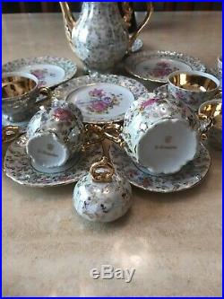 Antique Gorgeous German Dresden Porcelain Tea Set With Gold Trim Very Nice