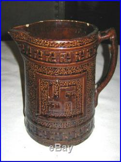 Antique Indian Swastika Folk Art Country Kitchen Stoneware Pottery Milk Pitcher