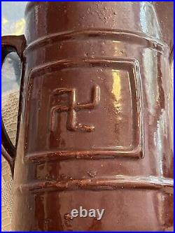 Antique Indian Swastika Folk Art Country Kitchen Stoneware Pottery Milk Pitcher