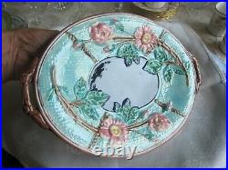 Antique Majolica. Handled Plate / Tray. Wild Roses And Rope. Very Nice Piece
