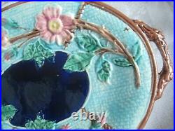 Antique Majolica. Handled Plate / Tray. Wild Roses And Rope. Very Nice Piece