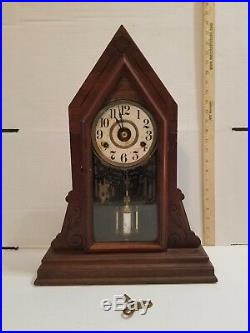 Antique New Haven Gothic Mantle Clock UNIQUE PENDULUM VERY NICE! RUNS