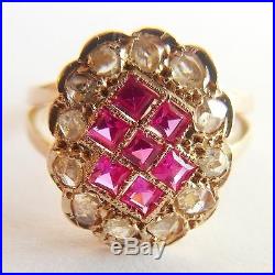 Antique Ring 18K Gold, Rose Cut Diamonds & Synthetic Rubies VERY NICE