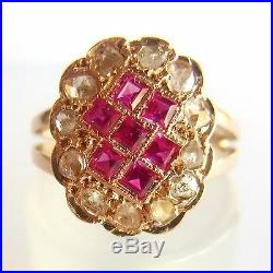 Antique Ring 18K Gold, Rose Cut Diamonds & Synthetic Rubies VERY NICE