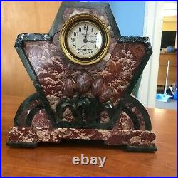 Antique Tidey Furnace Mantel Clock Roses Marble Large Heavy Very Nice