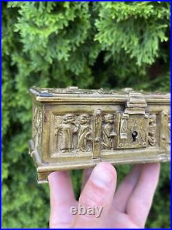 Antique Trinket Jewelry Box Bronze Brass European Gothic Religious Very Nice