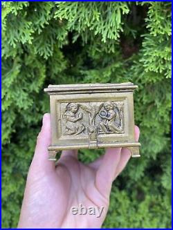 Antique Trinket Jewelry Box Bronze Brass European Gothic Religious Very Nice