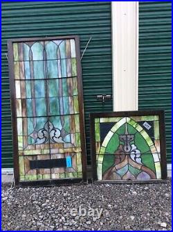 Antique Very Large 2 Piece Church Leaded Stain Glass Window 34 X 103- Nice