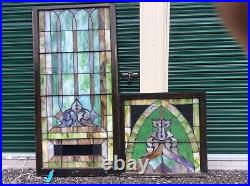 Antique Very Large 2 Piece Church Leaded Stain Glass Window 34 X 103- Nice