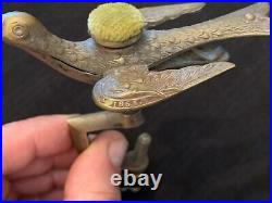 Antique Victorian 1853 Brass Quilt Sewing Bird Clamp Pincushion, Very Nice