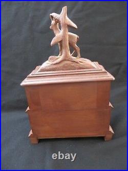 Antique Victorian Black Forest Carved Wood Stag Jewelry Box WithKey. Very Nice