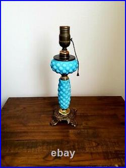 Antique Victorian Blue Satin Glass Kerosene Oil Lamp VERY NICE