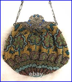 Antique Vintage Handmade Beaded Purse Bag Colorful Art Collectable Very Old Nice