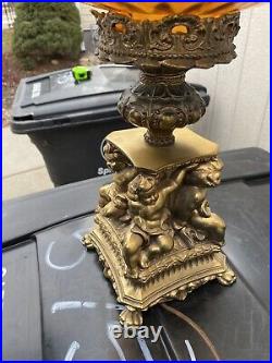 Antique amber glass and Brass Cherub Figurine Table Lamp 38 VERY NICE & UNIQUE