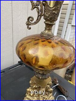 Antique amber glass and Brass Cherub Figurine Table Lamp 38 VERY NICE & UNIQUE
