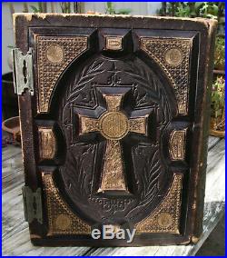 Antique c1875 Catholic family Bible Douay Rheims brass clasps very nice