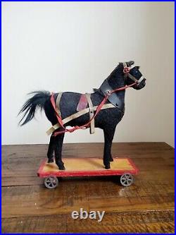 Antique late 1800s Pull Toy Burlap Covered Horse, Very Nice Toy! 10 Tall
