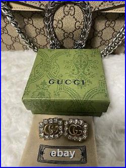 Auth Gucci Antique Gold Tone Large Crystal Earrings Very Nice Cond