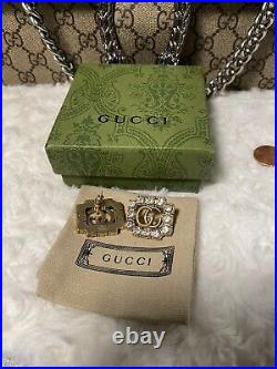 Auth Gucci Antique Gold Tone Large Crystal Earrings Very Nice Cond