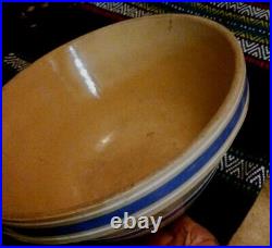 Awesome Antique Crock Mixing Bowl Beige Blue Stripe Yellow Ware Very Nice