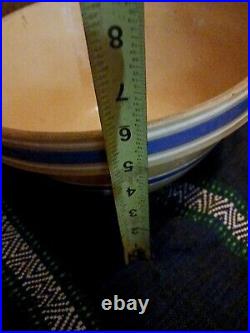Awesome Antique Crock Mixing Bowl Beige Blue Stripe Yellow Ware Very Nice